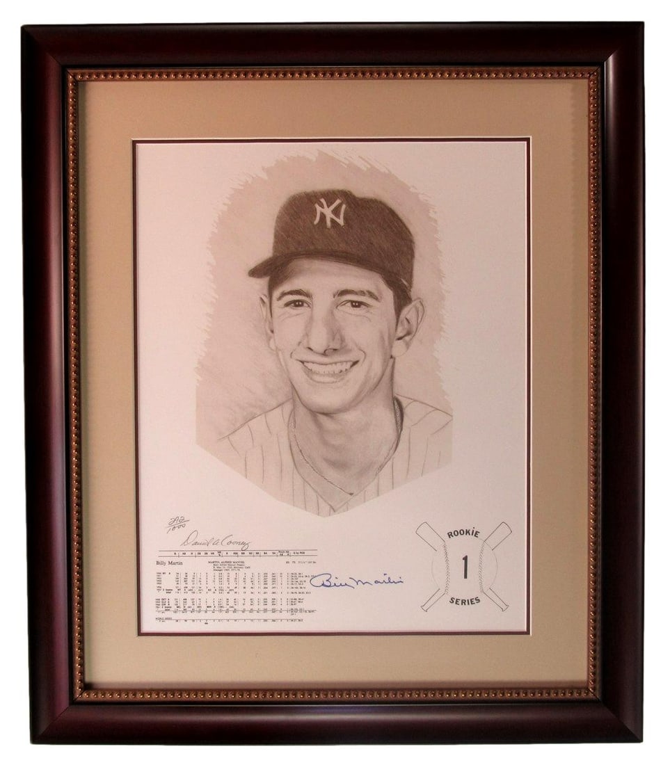 Billy Martin Autographed 16x20 Lithograph by David Cooney, Framed: Billy Martin Autographed 16x20 Lithograph by David Cooney, Framed Meet the iconic Billy Martin, captured in an original lithograph by renowned artist David Cooney. This rare and impressive piece is si