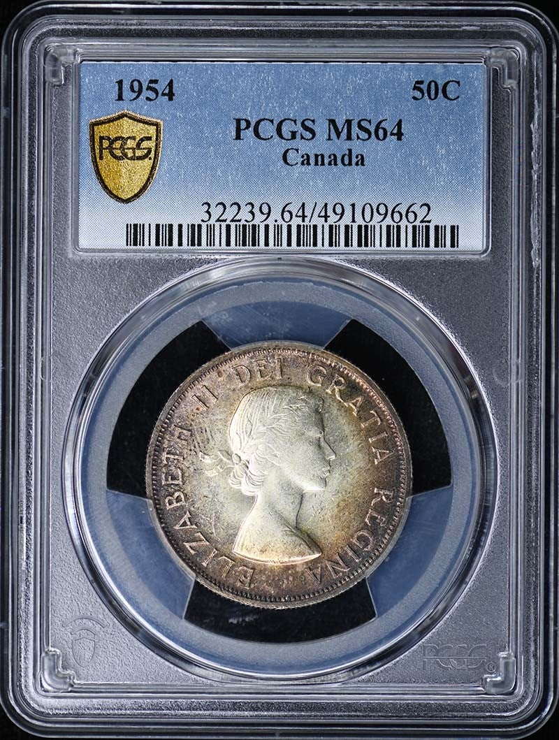 MS64 1954 50C Canada Elizabeth II PCGS: MS64 1954 50C Canada Elizabeth II PCGS Experience the majesty of Canadian currency with this stunning 1954 50C coin, certified MS64 by PCGS. As one of the last coins minted before Queen Elizabeth II a