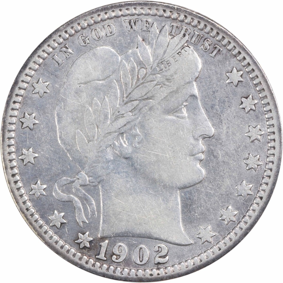 Uncertified 1902-O Barber Silver Quarter Choice VF: Uncertified 1902-O Barber Silver Quarter Choice VF Experience the charm of the early 20th century with this beautifully preserved 1902-O Barber Silver Quarter, graded VF and certified uncirculated. Wi