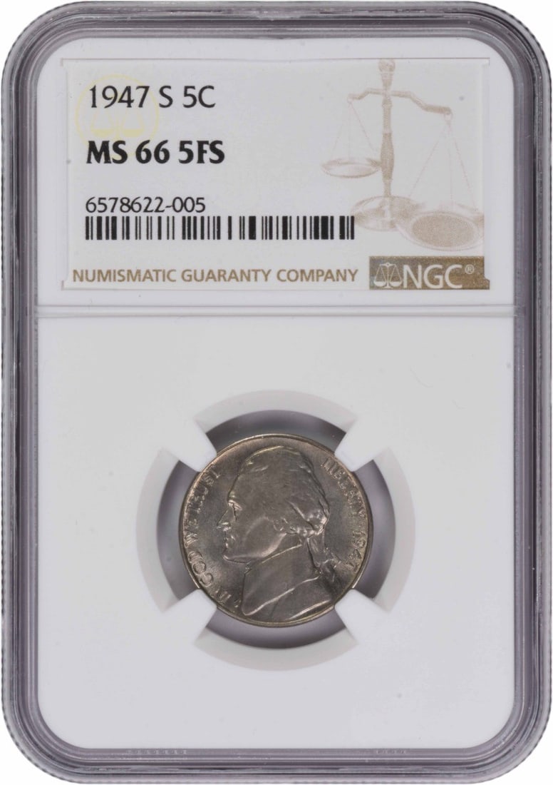 NGC 1947-S Jefferson Nickel MS66 5FS: NGC 1947-S Jefferson Nickel MS66 5FS A rare and highly sought-after Jefferson Nickel, certified MS66 by the Numismatic Guaranty Corporation (NGC), boasts an impressive 5 FS grade, indicating minimal w