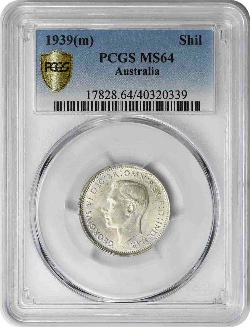 PCGS 1939(M) Australia 1 Shilling MS64: PCGS 1939(M) Australia 1 Shilling MS64 A rare and highly sought-after Australian coin, the 1939(M) Shilling is a stunning example of circulated silver currency from one of Australia's earliest years