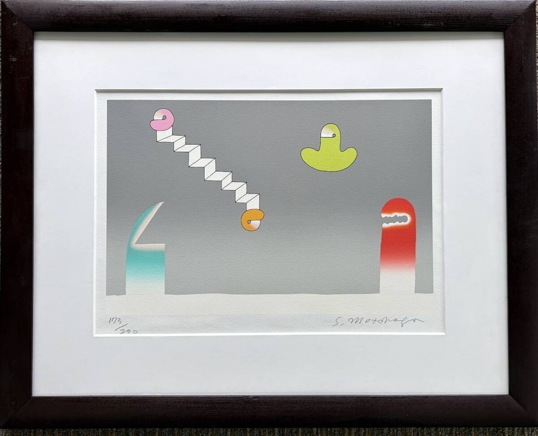 Authentic Sadamasa Motonaga Composition Silkscreen Hand Signed ED 173/ 200 Framed: Authentic Sadamasa Motonaga Composition Silkscreen Hand Signed ED 173/ 200 Framed Experience the vibrant energy of Sadamasa Motonaga's abstract masterpiece, 'Guru Guru Guru', a limited edition