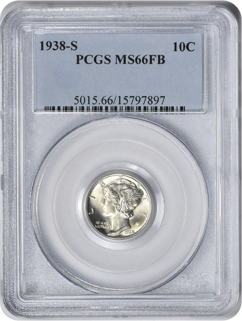 PCGS 1938-S Mercury Silver Dime MS66FB: PCGS 1938-S Mercury Silver Dime MS66FB A rare and highly sought-after 1938-S Mercury Dime, graded MS66 by the PCGS, boasts a stunning circulated condition with exceptional luster. With only 8,090,000