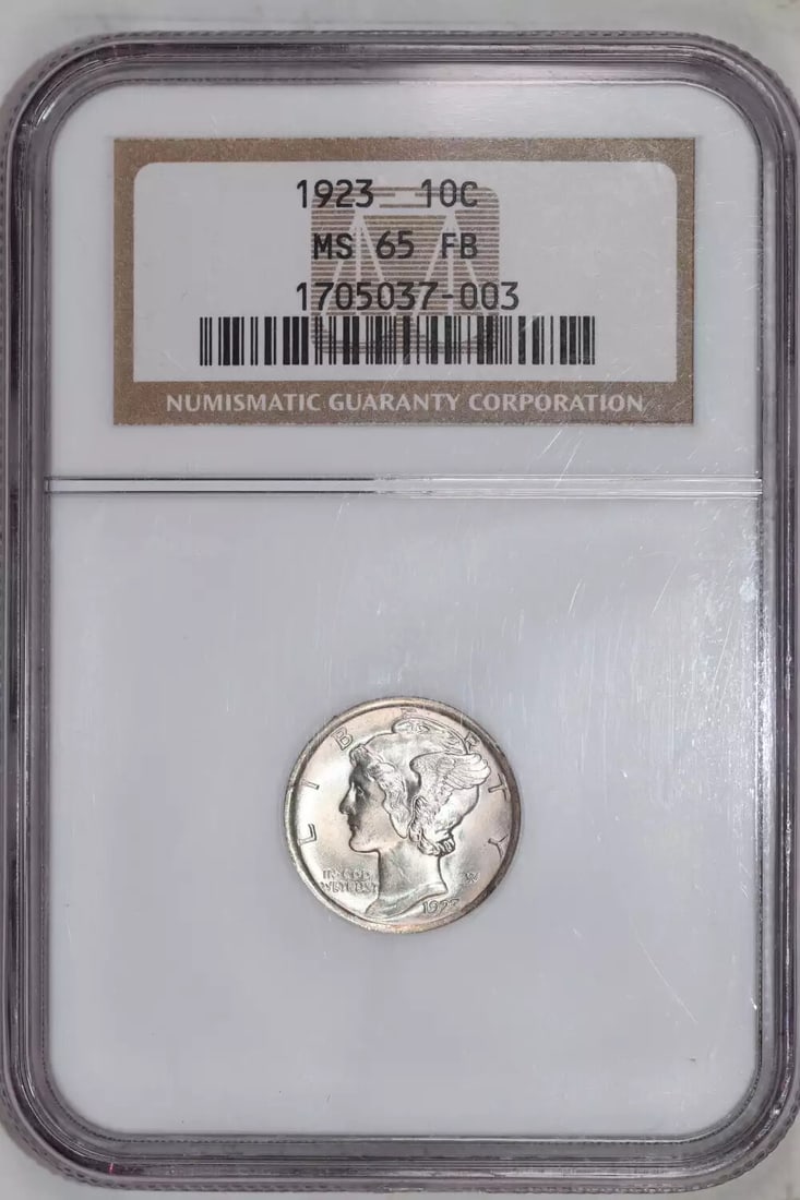 NGC MS65 Mercury Dime (1923): NGC MS65 Mercury Dime (1923) Experience the beauty of American numismatics with this stunning 1923 Mercury Dime, certified MS-65 by NGC. With its uncirculated strike and exceptional silver composition