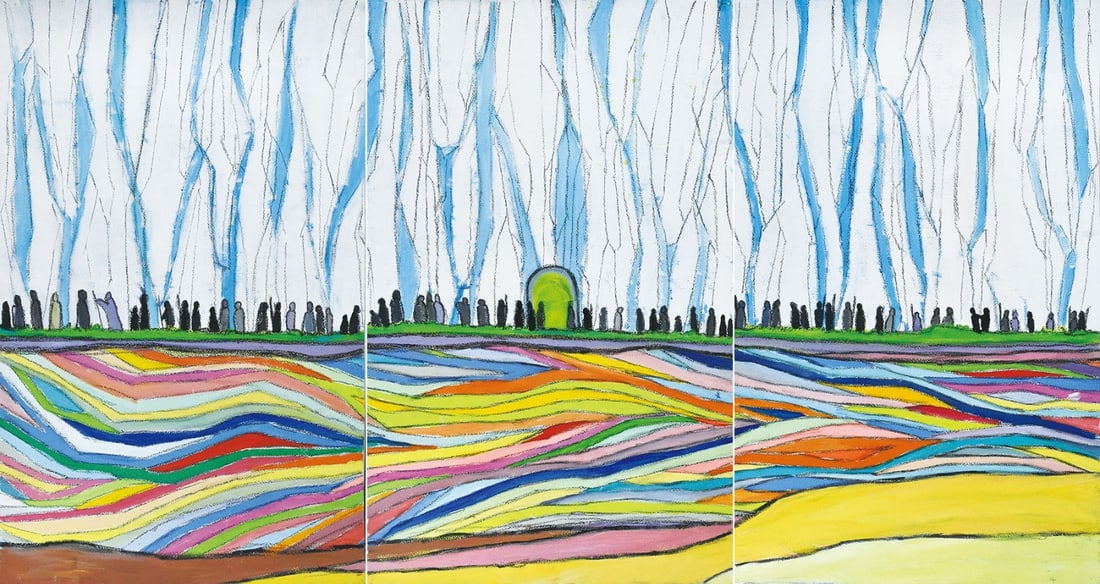 unique Chiezo Taro acrylic crayon paper triptych signature dated 2003 Japanese: unique Chiezo Taro acrylic crayon paper triptych signature dated 2003 Japanese A rare and vibrant triptych, signed by renowned Japanese artist Chiezo Taro in 2003, showcases the artist's unique blend