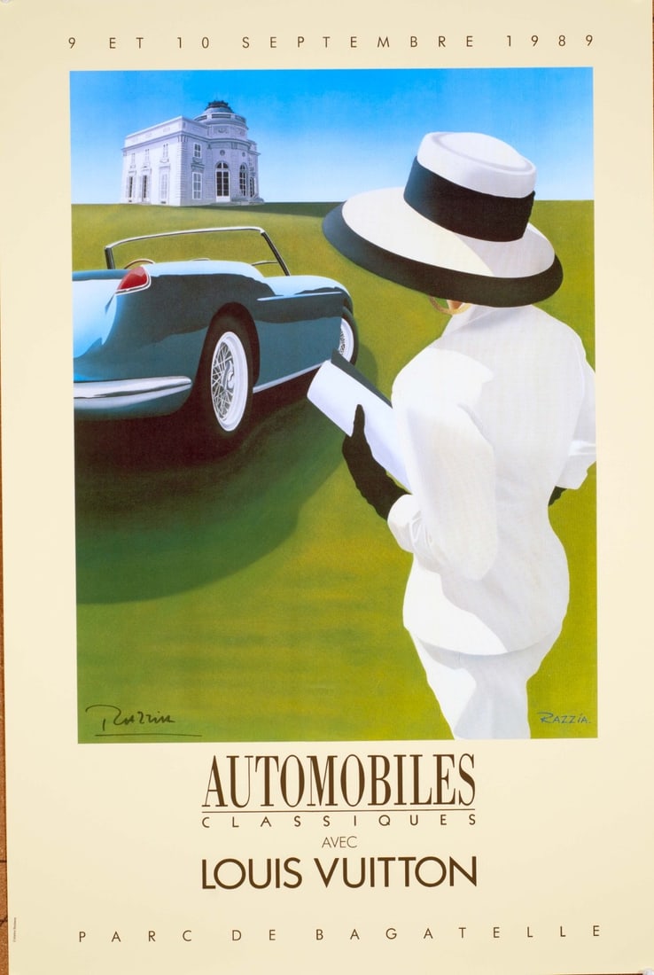 Conv Razzia Louis Vuitton Bagatelle 1989 Signed Ferrari 1959 California: Conv Razzia Louis Vuitton Bagatelle 1989 Signed Ferrari 1959 California Get ready to rev up your passion for art and cars with this rare 1989 poster signed by the renowned artist Razzia. This stunning