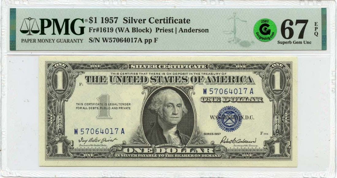 1957 $1 Silver Certificate #1619 PMG Superb 67 EPQ GCC Green: 1957 $1 Silver Certificate #1619 PMG Superb 67 EPQ GCC Green A rare and highly sought-after 1957 $1 Silver Certificate, graded MS67 by PMG, boasts exceptional condition with a Superb 67 EPQ GCC Green