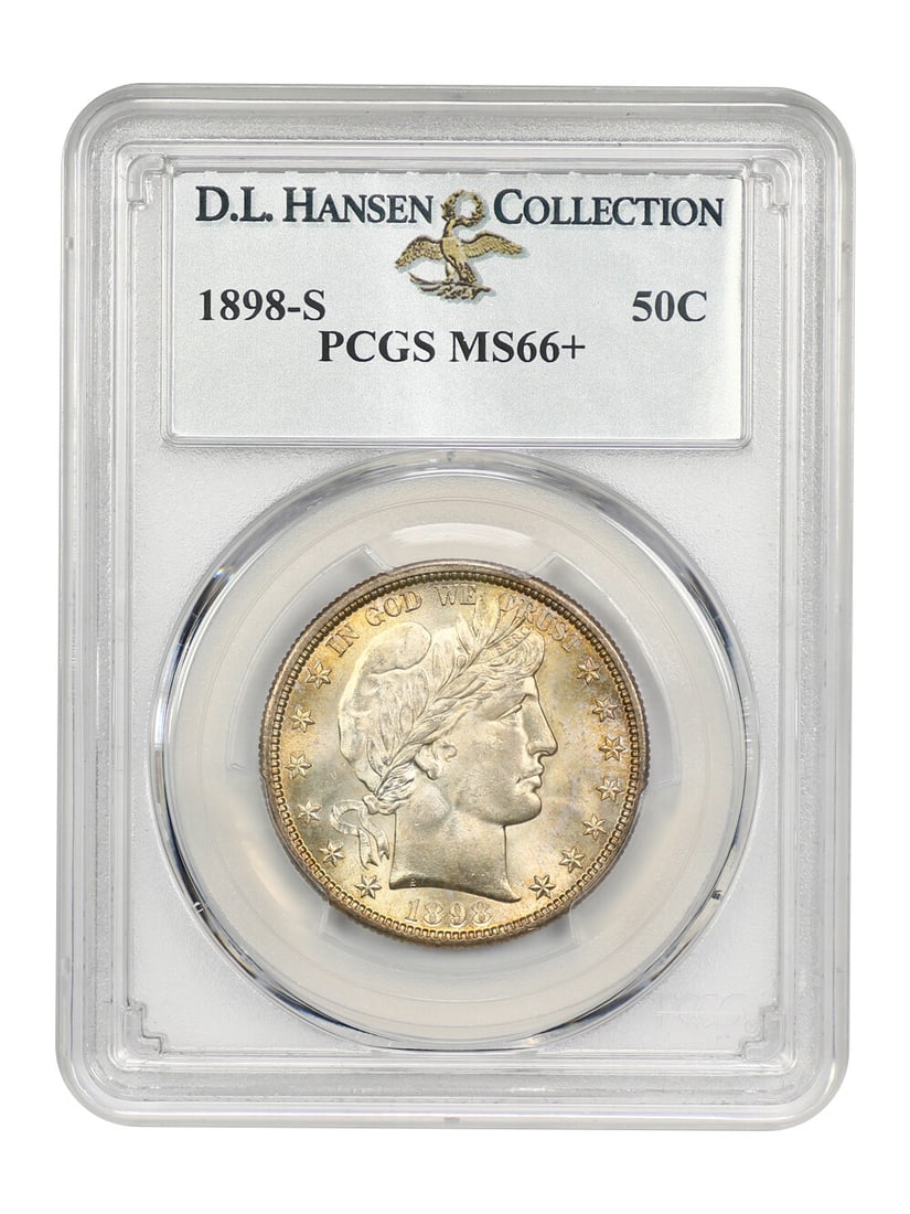 Hansen 1898-S 50C PCGS MS66+ ex: D.L.: Hansen 1898-S 50C PCGS MS66+ ex: D.L. A stunning example of American numismatics, this 1898-S Barber Half Dollar boasts a PCGS MS66+ grade, indicating exceptional strike quality and luster. Certified