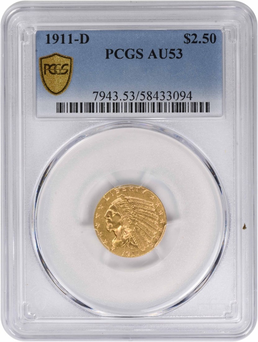 $2.50 1911-D Gold Indian AU53 PCGS: $2.50 1911-D Gold Indian AU53 PCGS A stunning example of the iconic 1911-D Gold Indian, this AU53 PCGS-certified coin boasts a rich history and impressive gold content, weighing in at 18 grams with a