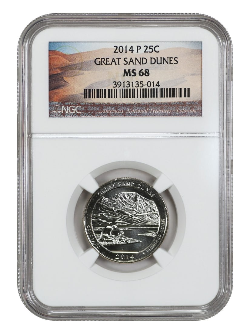 Great Sand Dunes NP 25C P 2014 MS68 NGC Type 1 Clad: Great Sand Dunes NP 25C P 2014 MS68 NGC Type 1 Clad Experience the beauty of America's natural wonders with this stunning 2014 MS68 NGC Type 1 Clad coin, certified by the renowned Numismatic Guaranty