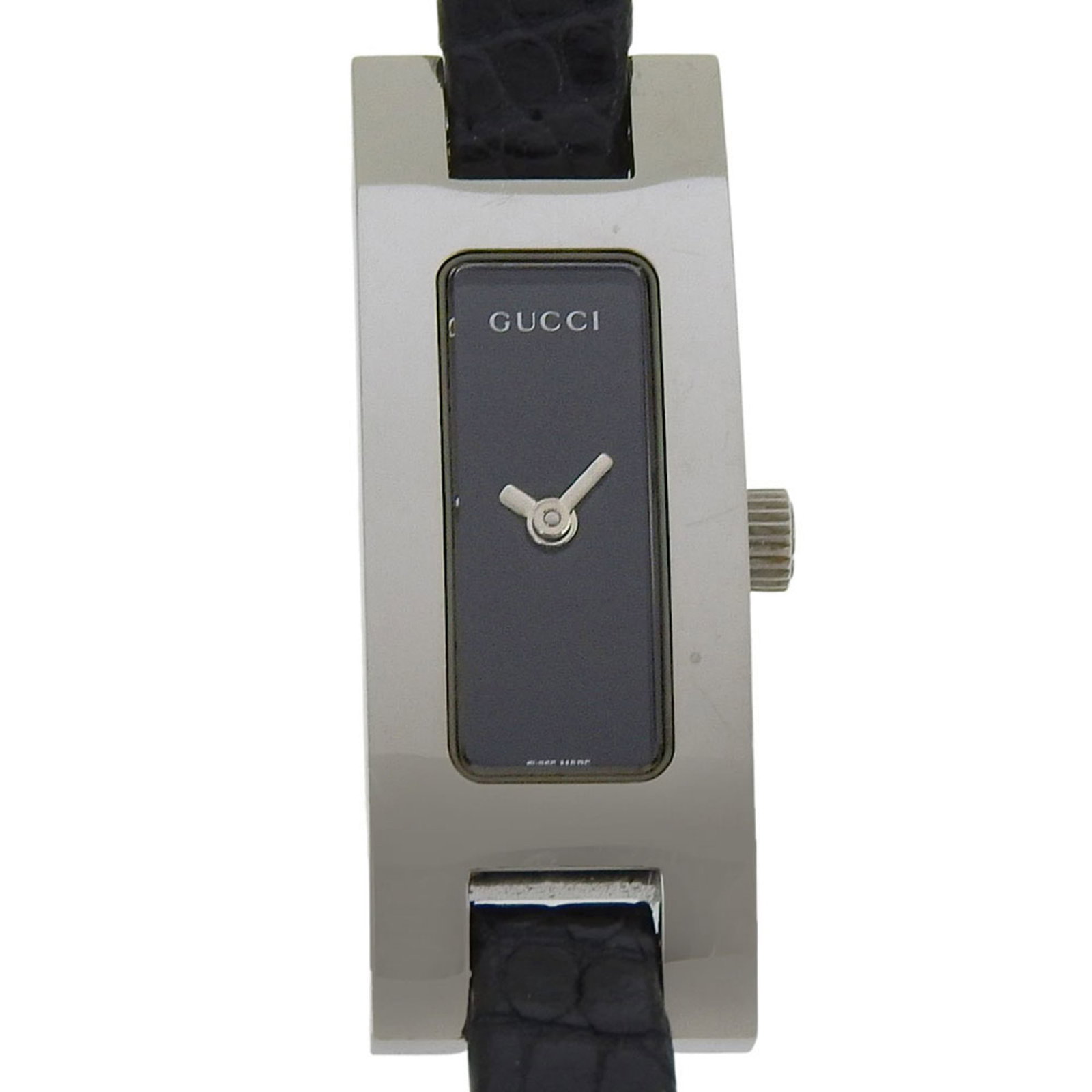 Wristwatch Gucci: Wristwatch Gucci A sleek and sophisticated Gucci wristwatch, this black leather-strapped timepiece boasts a stainless steel case with a classic design that exudes luxury and elegance. With its 12mm di