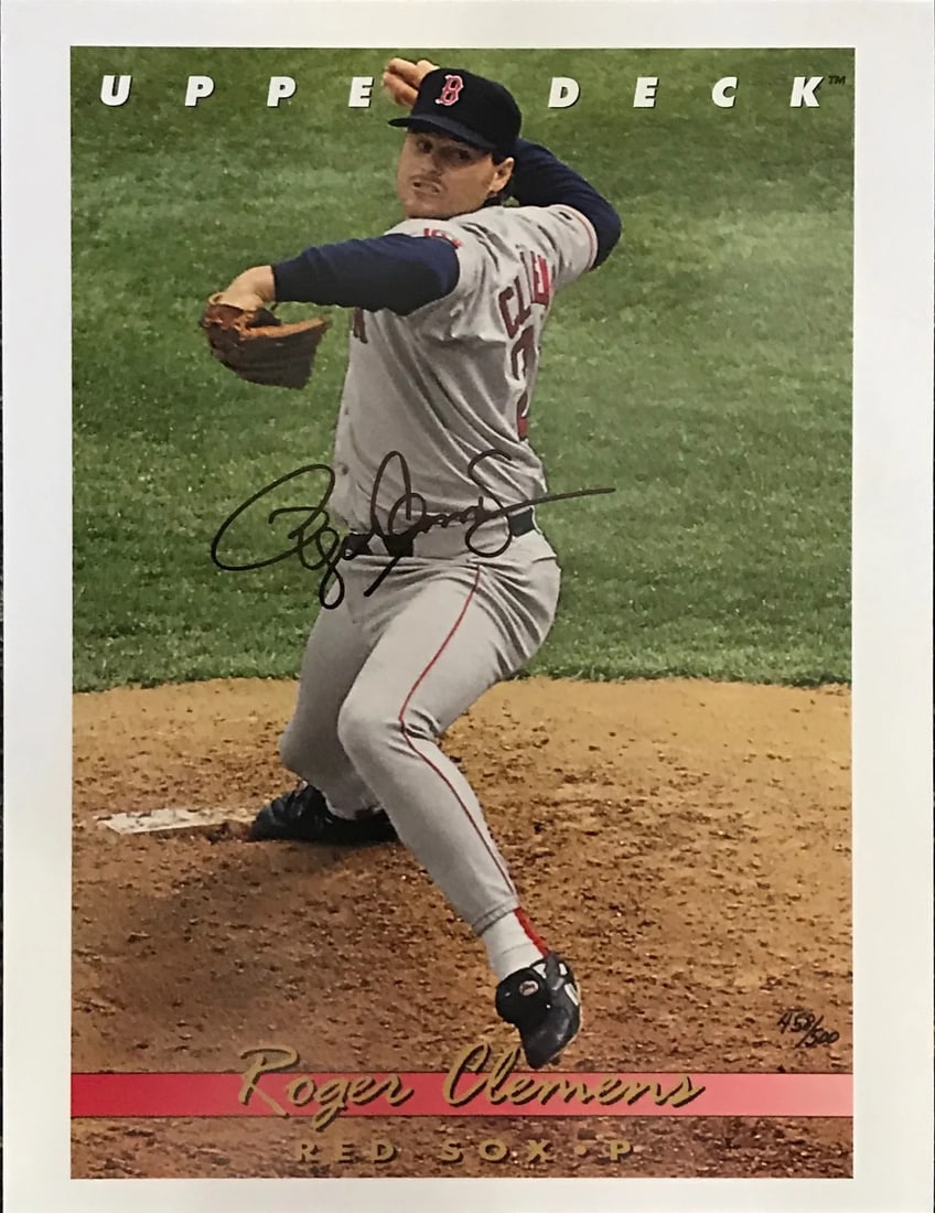 Deck) Roger Clemens Autographed 8x10 Baseball Photo Card (Upper: Deck) Roger Clemens Autographed 8x10 Baseball Photo Card (Upper Get ready to own a piece of baseball history with this autographed 8x10 photo card featuring the legendary Roger Clemens, signed in blac