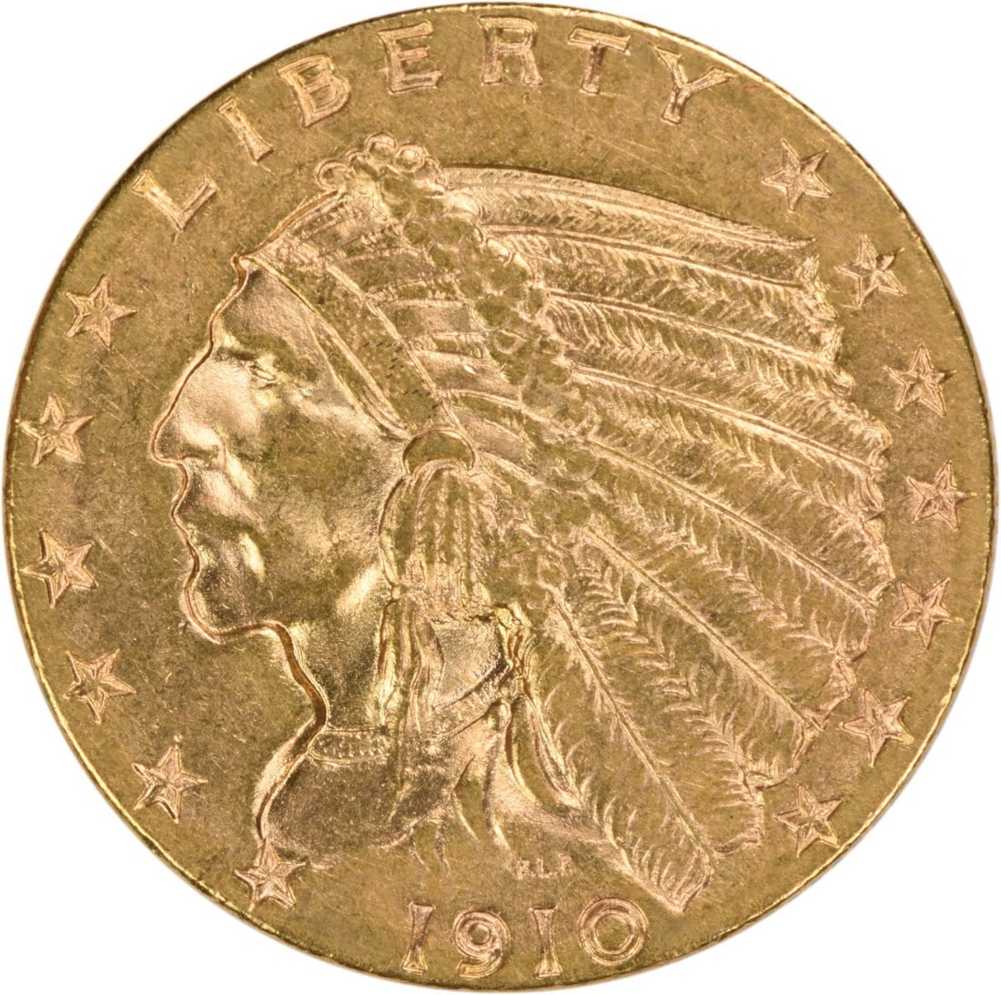 Uncertified 1910 $2.50 Gold Indian AU Slider: Uncertified 1910 $2.50 Gold Indian AU Slider A rare and beautiful piece of American history, this 1910 $2.50 Gold Indian coin is a stunning example of the design of Bela Lyon Pratt, with its intricate