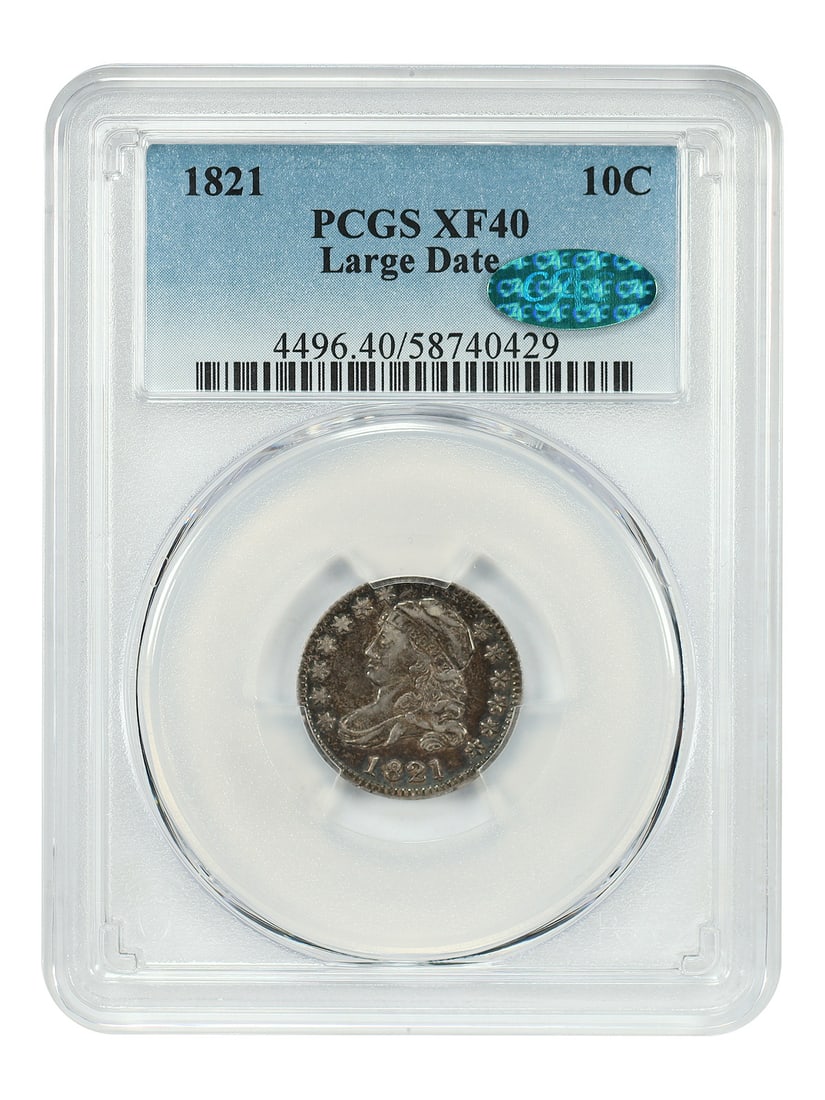 1821 Large Date Capped Bust Dime PCGS/ CAC XF40: 1821 Large Date Capped Bust Dime PCGS/ CAC XF40 A rare gem from the early days of American coinage, this 1821 Large Date Capped Bust Dime boasts a striking XF40 grade and is certified by both PCGS and