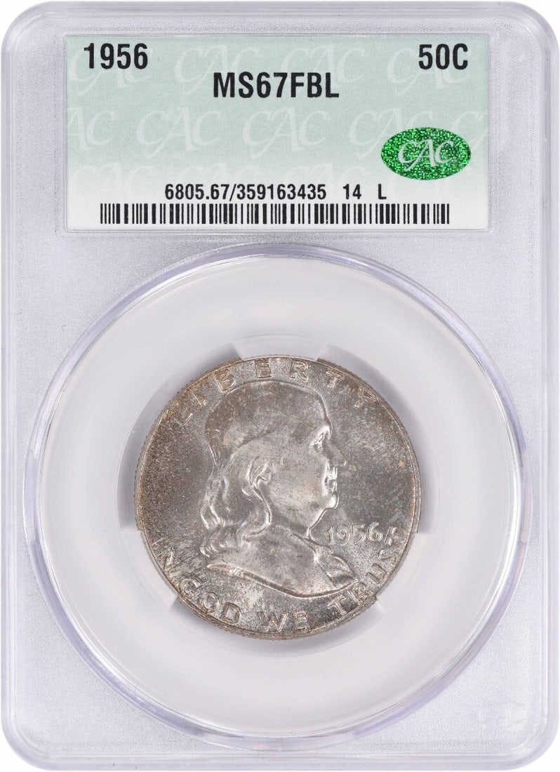 CACG 1956 Franklin Silver Half Dollar MS67FBL: CACG 1956 Franklin Silver Half Dollar MS67FBL Experience the majesty of America's 1956 Franklin half dollar, certified MS67 by CACG and boasting an impressive FBL (Fully Brilliant Luster) grade. This