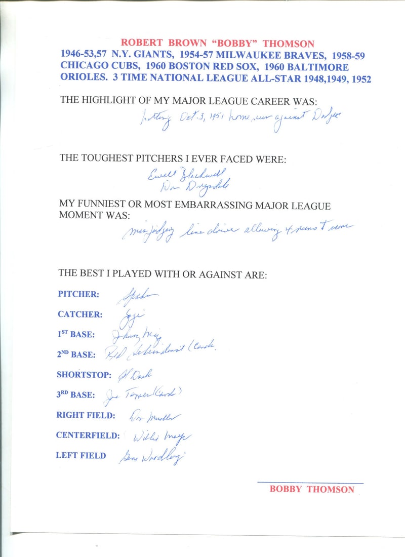 Bobby Thompson Autographed Hand-Filled-Out Survey Page: Bobby Thompson Autographed Hand-Filled-Out Survey Page Get ready to own a piece of music history! This unique survey page has been signed and filled out by the legendary Bobby Thompson, making it an a