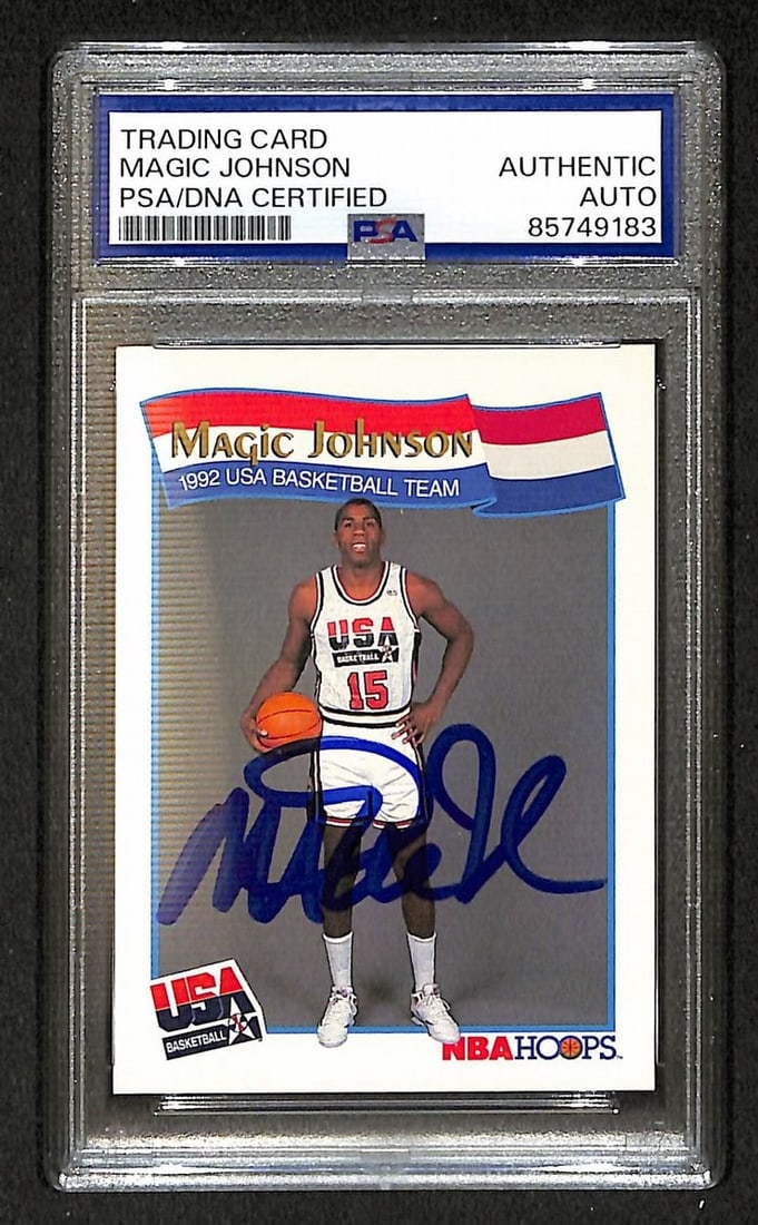 BA206363 Magic Johnson 1991-92 Hoops Signed/ Autographed USA Card #54 PSA/ DNA: BA206363 Magic Johnson 1991-92 Hoops Signed/ Autographed USA Card #54 PSA/ DNA Get ready to relive the magic of the 1991-92 season with an autographed Magic Johnson card, authenticated by both PSA and