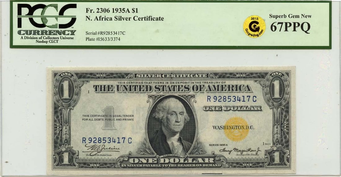 GCC 1935A $1 Silver Certificate North Africa WWII FR#2300 PCGS Superb GEM 67 PPQ: GCC 1935A $1 Silver Certificate North Africa WWII FR#2300 PCGS Superb GEM 67 PPQ A stunning example of American currency from World War II, this 1935 $1 Silver Certificate is certified MS67 by PCGS an