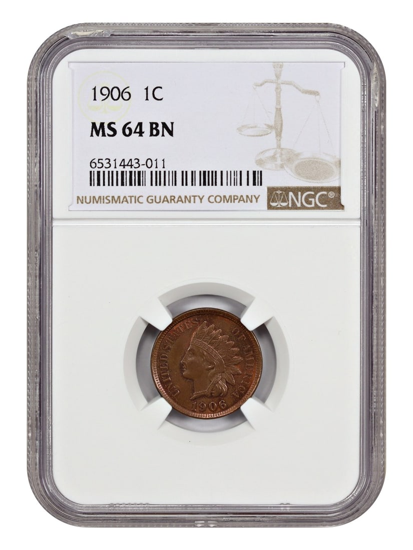 Indian Cent - 1906 1C NGC MS64BN: Indian Cent - 1906 1C NGC MS64BN Experience the rich history of the Indian Cent with this stunning 1906 1C coin, graded MS64BN by the NGC. This uncirculated specimen boasts exceptional detail and lust