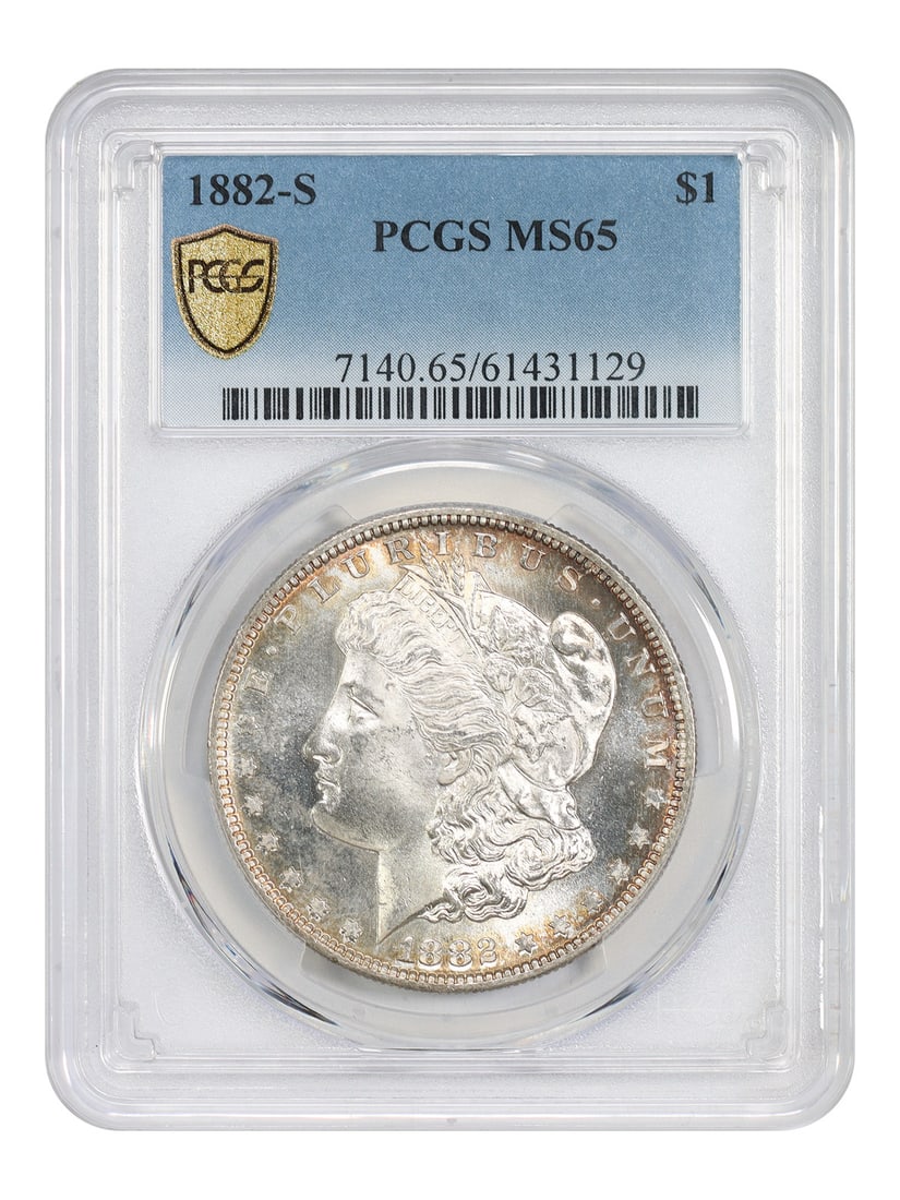 1882-S Morgan Dollar MS65 PCGS: 1882-S Morgan Dollar MS65 PCGS Experience the majesty of the 1882-S Morgan Dollar, graded MS65 by PCGS, in stunning uncirculated condition. This rare coin is a testament to the San Francisco Mint's sk