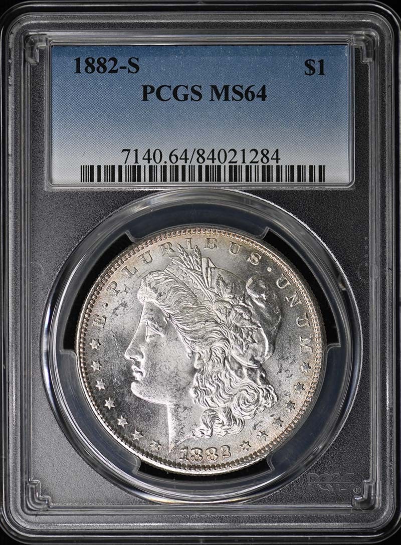 1882-S Morgan Dollar MS64 (PCGS): 1882-S Morgan Dollar MS64 (PCGS) Experience the iconic 1882-S Morgan Dollar in pristine condition, certified by PCGS as MS64. This uncirculated coin boasts stunning details and a rich history, making