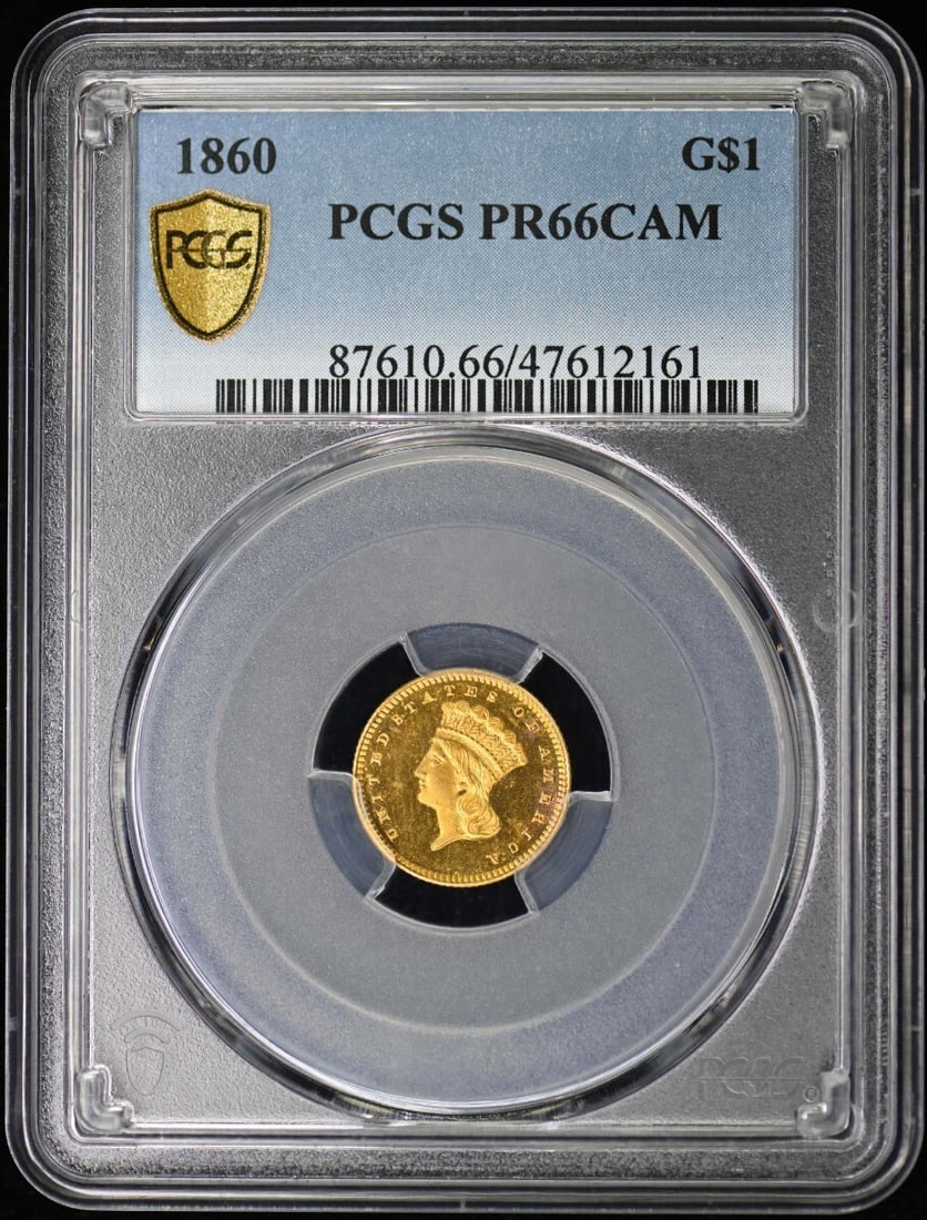 PR66CAM 1860 G$1 Gold Dollar PCGS: PR66CAM 1860 G$1 Gold Dollar PCGS A stunning example of American numismatic history, this PR66CAM 1860 G$1 Gold Dollar from PCGS is one of the finest circulated examples of its kind, boasting exceptio