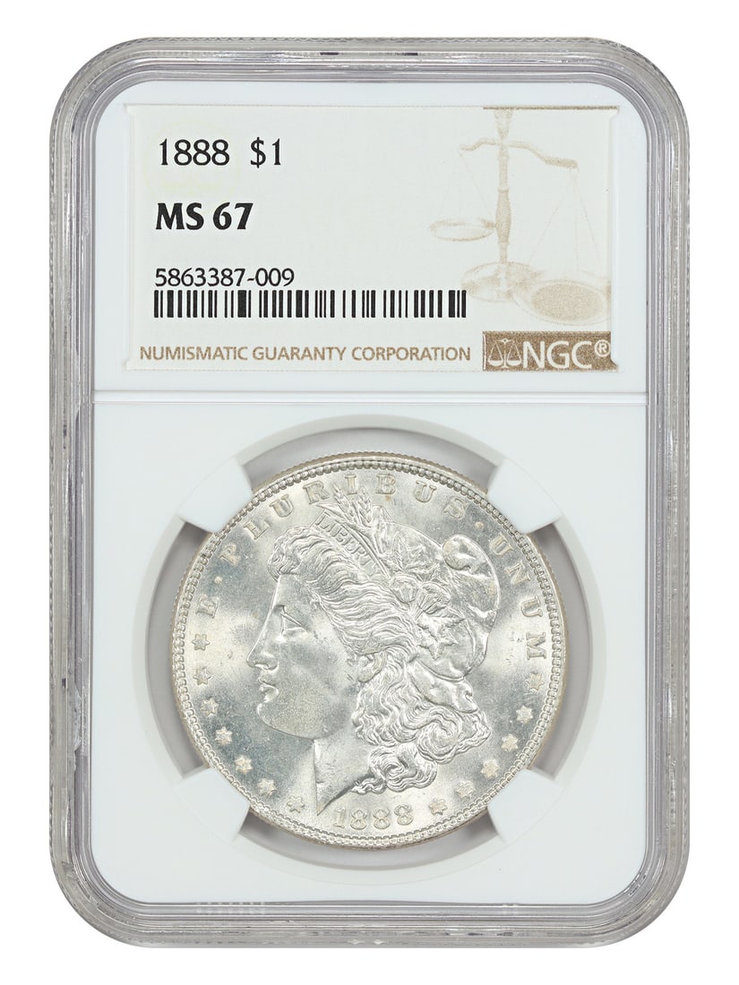Morgan Dollar - 1888 $1 NGC MS67: Morgan Dollar - 1888 $1 NGC MS67 A rare and highly graded Morgan Dollar from 1888, certified by the NGC as MS67, boasts exceptional condition with minimal wear and tear. This uncirculated coin is a tr