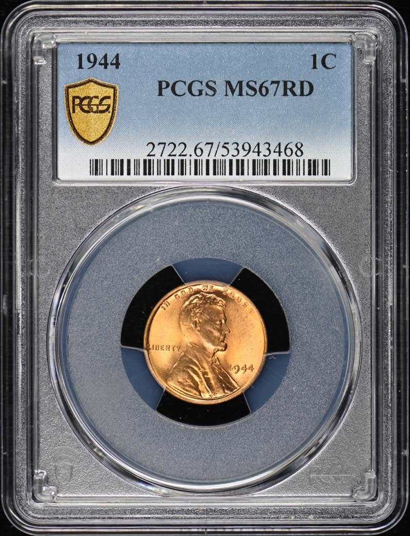 Type 1 Wheat Reverse PCGS MS67RD - 1944 1C Lincoln Cent: Type 1 Wheat Reverse PCGS MS67RD - 1944 1C Lincoln Cent Experience the iconic Lincoln Cent from 1944, certified by PCGS as MS67RD, one of the highest grades for circulated coins. This stunning example