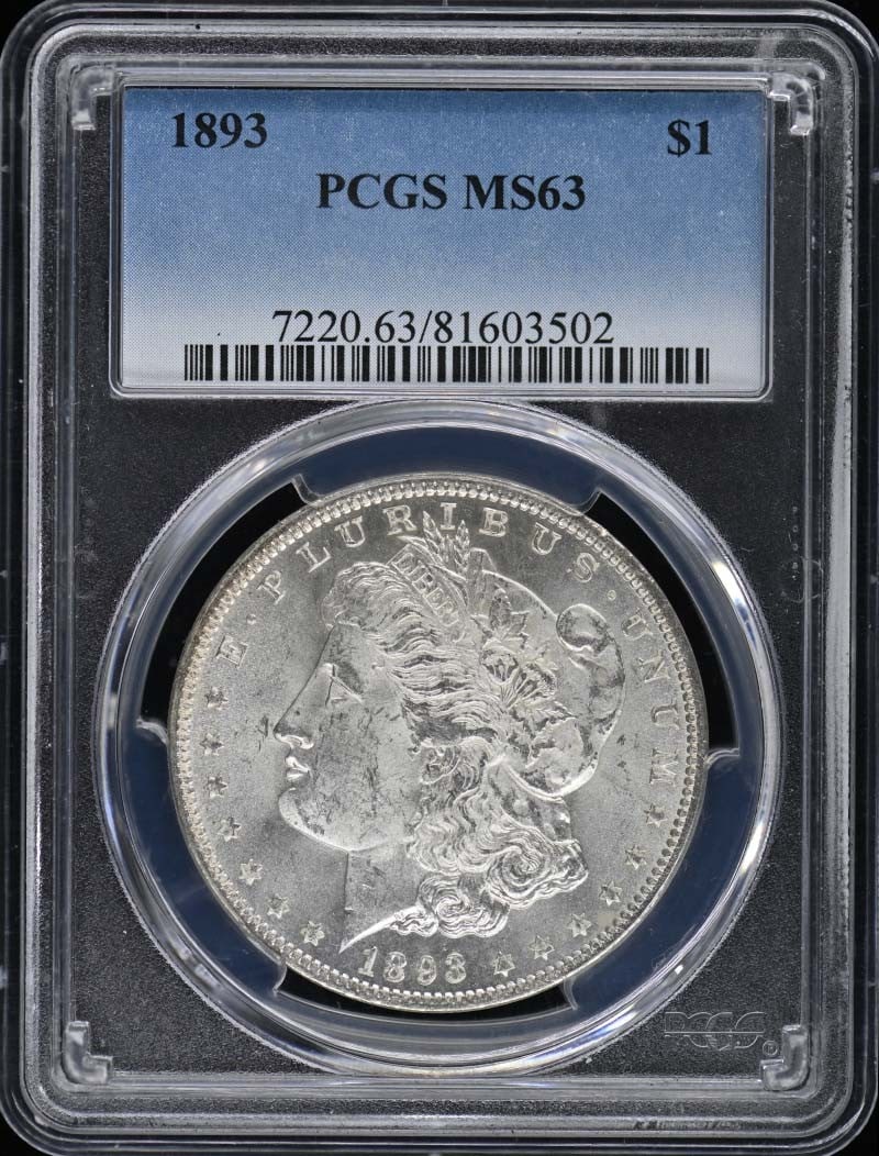 MS63 1893 $1 Morgan Dollar PCGS: MS63 1893 $1 Morgan Dollar PCGS A rare and highly sought-after 1893 Morgan Dollar, graded MS63 by PCGS, is up for auction. This uncirculated coin from the Philadelphia Mint is in excellent condition,