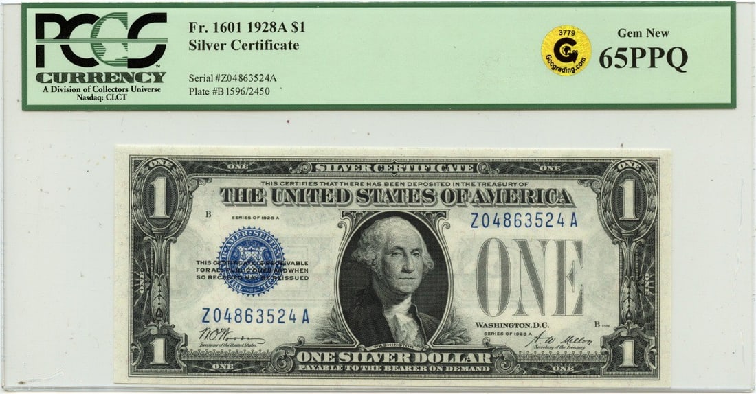 Gold 1928A $1 Silver Certificate FR#1601 PCGS GEM 65 PPQ GCC: Gold 1928A $1 Silver Certificate FR#1601 PCGS GEM 65 PPQ GCC A true numismatic treasure, this 1928A $1 Silver Certificate is certified by PCGS as MS65 Uncirculated and boasts an impressive Gem conditi