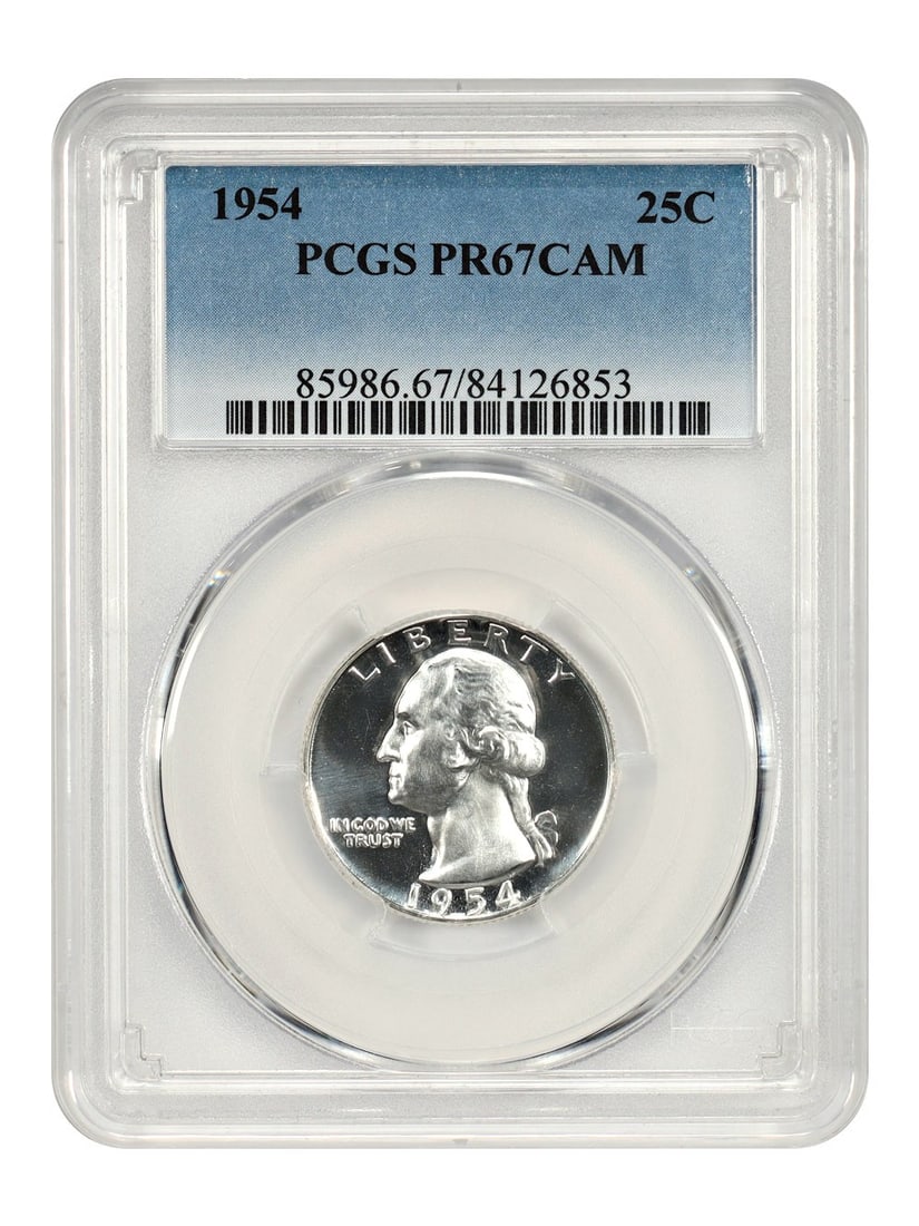 1954 Washington Quarter (PCGS PR67CAM): 1954 Washington Quarter (PCGS PR67CAM) A stunning example of American numismatics, this 1954 Washington Quarter boasts an impressive PCGS PR67CAM grade, indicating exceptional condition and rarity. Ce