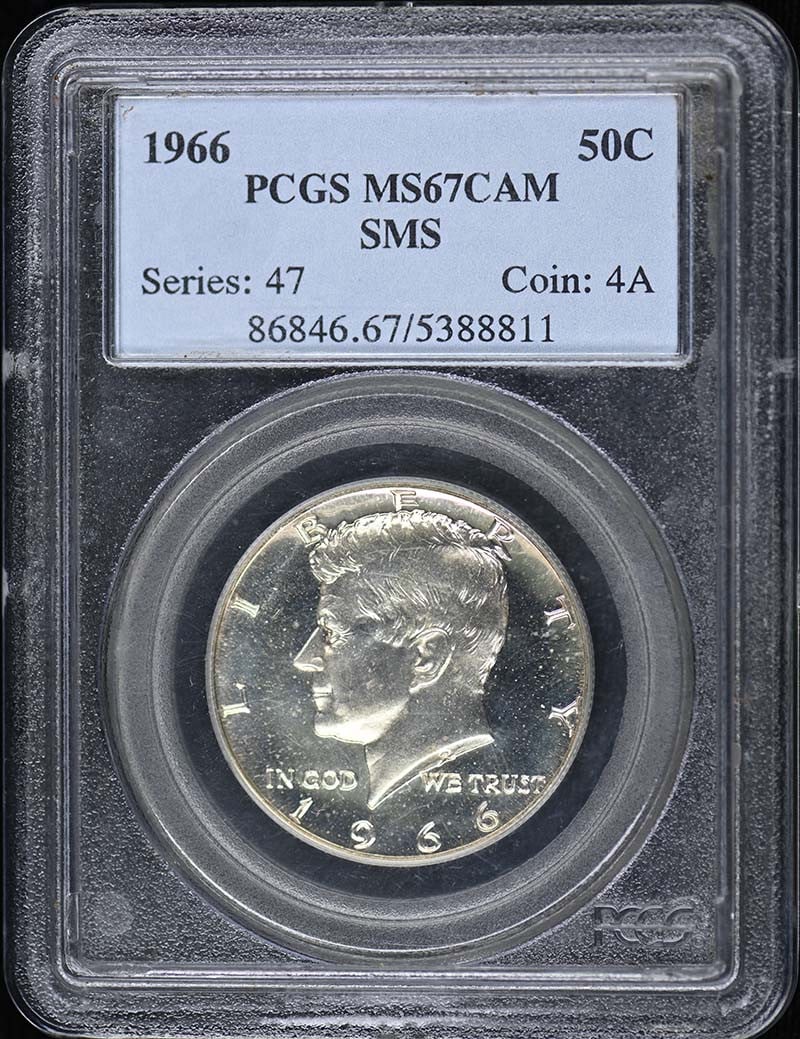 Type 2 Silver Clad PCGS SP67CAM - 1966 50C SMS Kennedy Half Dollar: Type 2 Silver Clad PCGS SP67CAM - 1966 50C SMS Kennedy Half Dollar Experience the iconic design of the 1966 Kennedy Half Dollar, featuring the striking image of President John F. Kennedy on the obvers