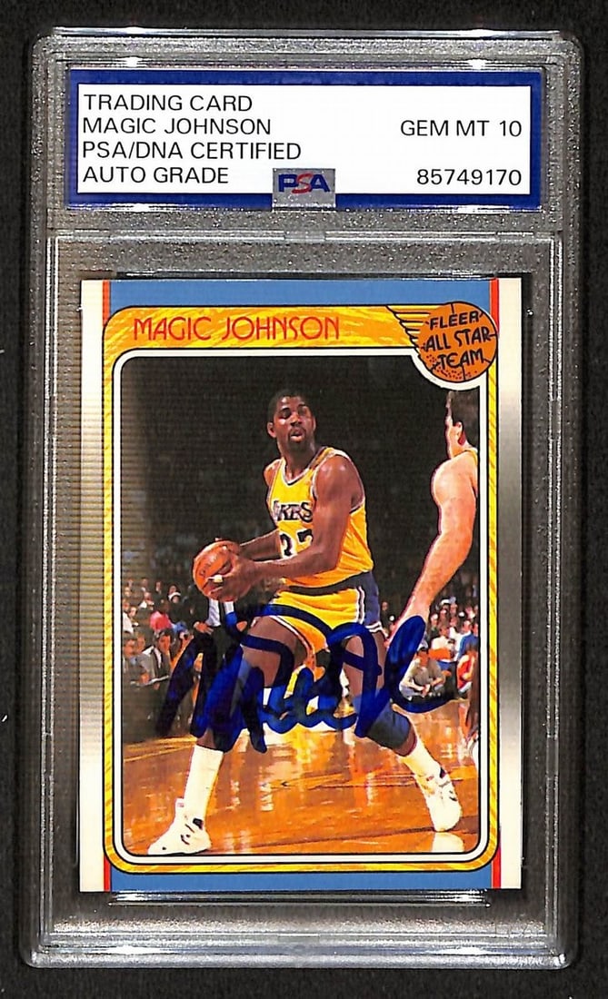 Magic Johnson 1988-89 Fleer Autographed Card #123 (PSA/ DNA 10): Magic Johnson 1988-89 Fleer Autographed Card #123 (PSA/ DNA 10) Get ready to relive the magic of the 80s with this autographed masterpiece from basketball legend Magic Johnson! This 1988-89 Fleer card