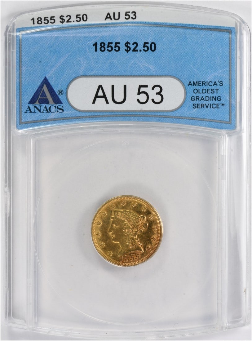 ANACS 1855 $2.50 Gold Liberty Head AU53: ANACS 1855 $2.50 Gold Liberty Head AU53 A stunning example of American numismatics, this 1855 $2.50 Gold Liberty Head coin boasts an AU53 grade, indicating its exceptional condition and rarity. With o