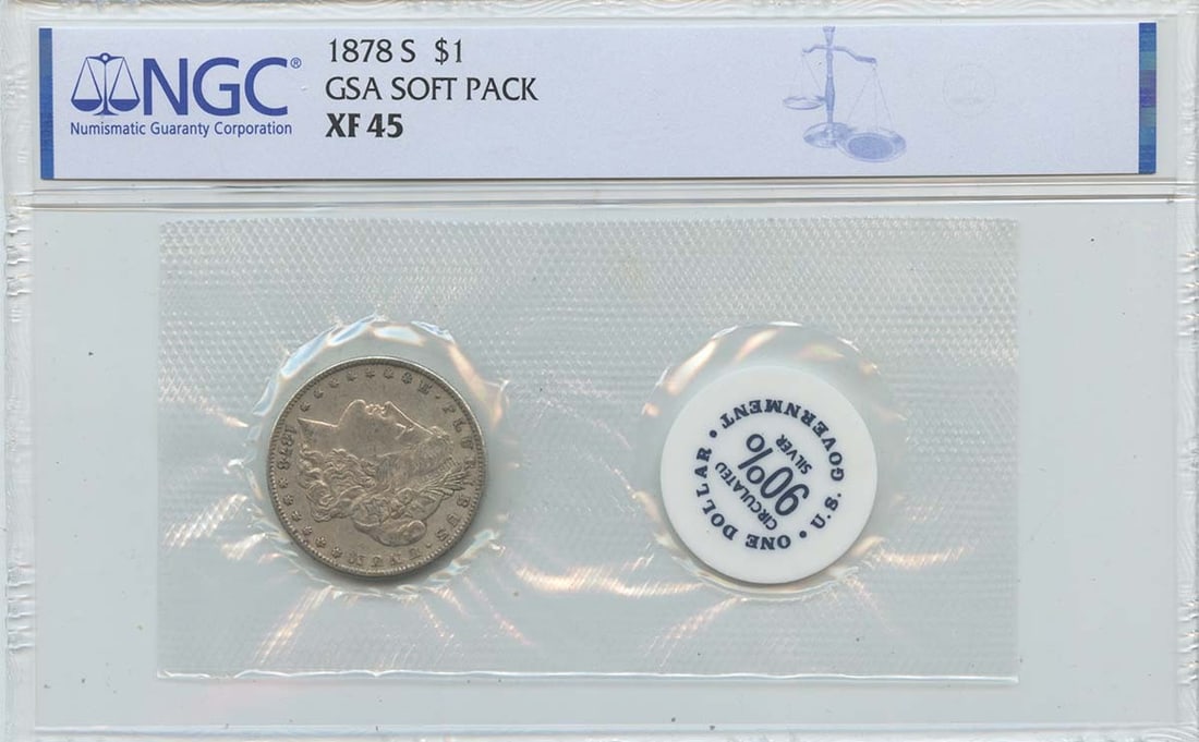 1878-S Morgan Dollar Soft Pack $1 NGC XF45: 1878-S Morgan Dollar Soft Pack $1 NGC XF45 Experience the rich history of the 1878-S Morgan Dollar in XF45 condition, certified by NGC and backed by its exceptional authenticity guarantee. This circul