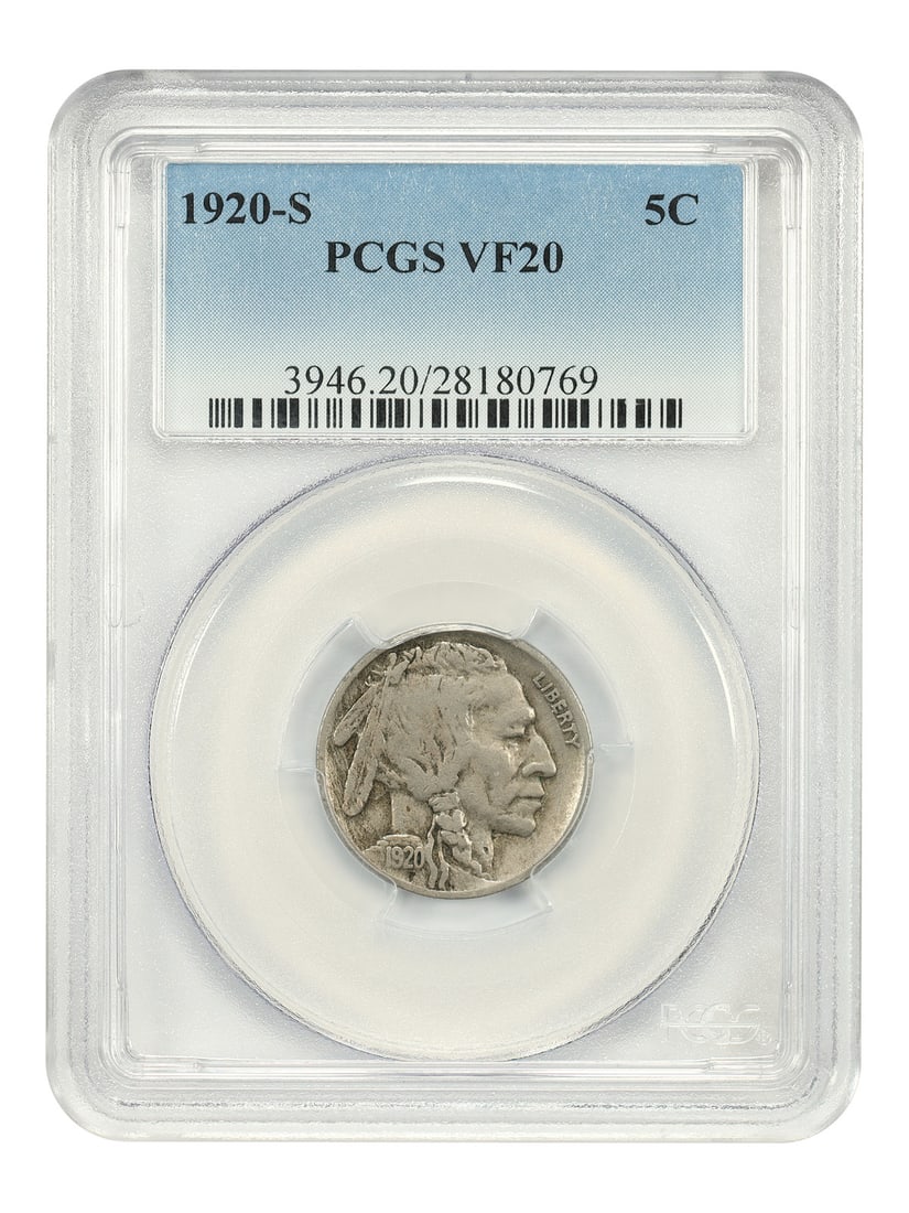 1920-S Buffalo Nickel PCGS VF20: 1920-S Buffalo Nickel PCGS VF20 A rare and highly sought-after Buffalo Nickel, graded VF20 by PCGS, boasts the iconic design of James Earle Fraser's buffalo on its reverse, set against a striking copp