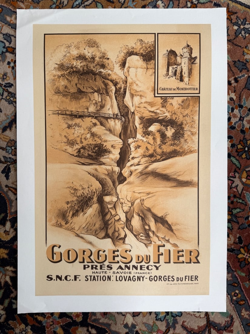 Version Gorges Du Fier Lake Annecy Sncf Original Vintage Poster 1950 Black White: Version Gorges Du Fier Lake Annecy Sncf Original Vintage Poster 1950 Black White A rare and charming vintage poster from 1950, this original canvas print showcases the picturesque town of Annecy in Ha