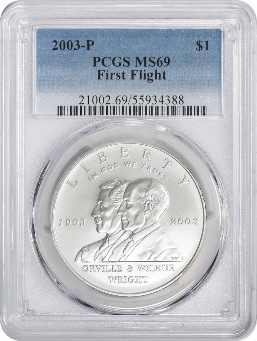 69 2003-P First Flight Commemorative Dollar MS69 PCGS Mint State: 69 2003-P First Flight Commemorative Dollar MS69 PCGS Mint State This stunning 2003 First Flight Commemorative Dollar is a true collector's gem, boasting an impressive MS69 grade from PCGS and showcas