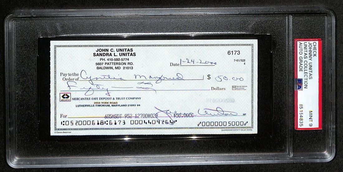 Johnny Unitas HOF Signed 2000 Bank Check (PSA DNA) - Mint 9 (193244): Johnny Unitas HOF Signed 2000 Bank Check (PSA DNA) - Mint 9 (193244) Get ready to own a piece of NFL history with this mint 9 Johnny Unitas Hall of Fame signed bank check, authenticated by the Profess