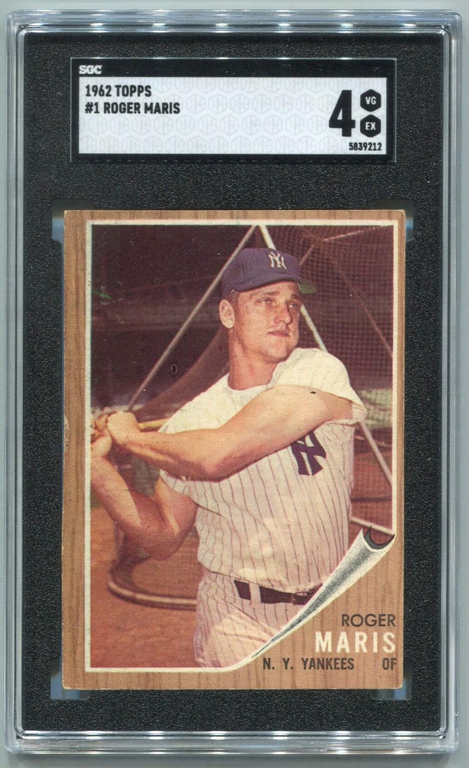 4 Roger Maris 1962 Topps Card #1 SGC Graded: 4 Roger Maris 1962 Topps Card #1 SGC Graded Get ready to own a piece of baseball history with the 1962 Topps Card #1, graded 4 by the Sports Guaranty Corporation (SGC). This iconic card showcases Roge