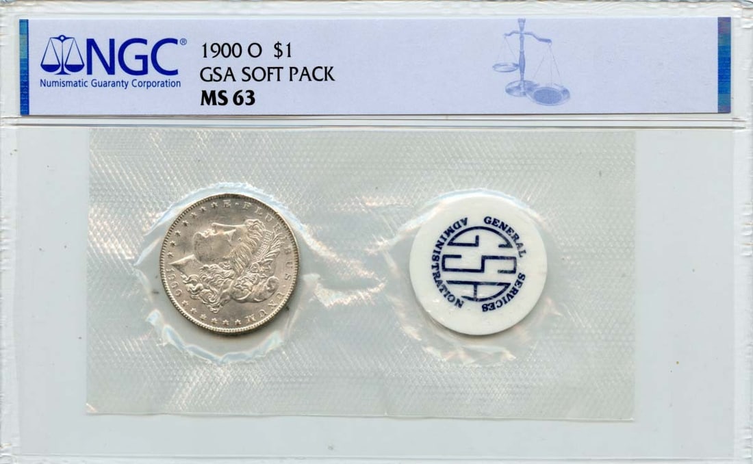 MS63 1900-O Morgan Dollar GSA SOFT PACK S$1 NGC: MS63 1900-O Morgan Dollar GSA SOFT PACK S$1 NGC A rare and highly sought-after 1900-O Morgan Dollar, certified MS63 by the Numismatic Guaranty Corporation (NGC), is up for auction. This uncirculated c