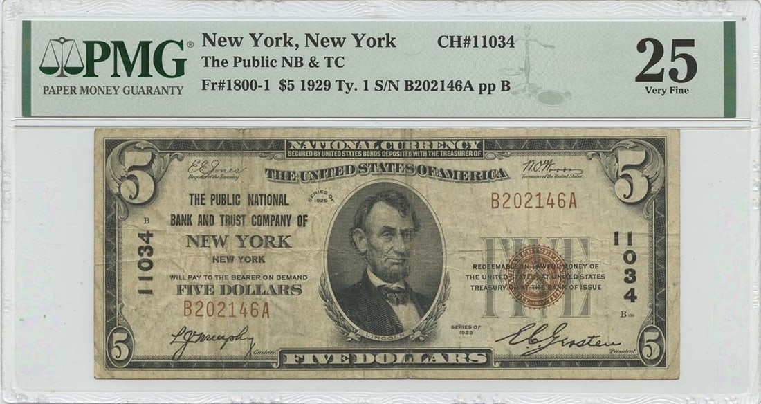 VF25 1929 Ty. 1 $5 Public NB & TC NY CH#11034 PMG: VF25 1929 Ty. 1 $5 Public NB & TC NY CH#11034 PMG Experience the charm of the Roaring Twenties with this 1929 $5 bill, graded VF25 by PMG. As one of the most iconic denominations from the early days o