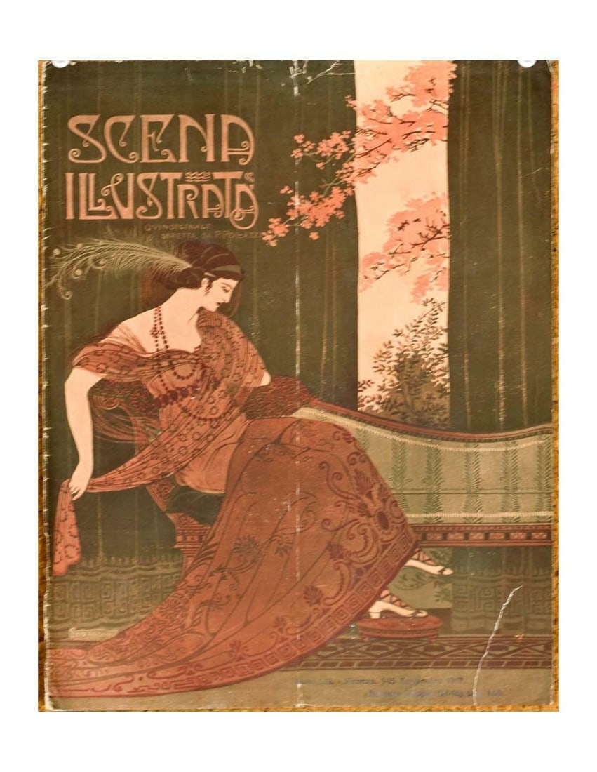 Scena Illustrata Arts & Literature Music Theatre Cover (Woman, 1900): Scena Illustrata Arts & Literature Music Theatre Cover (Woman, 1900) Experience the elegance of Art Nouveau with this stunning poster from 1900, showcasing a woman in a captivating scene that blends m