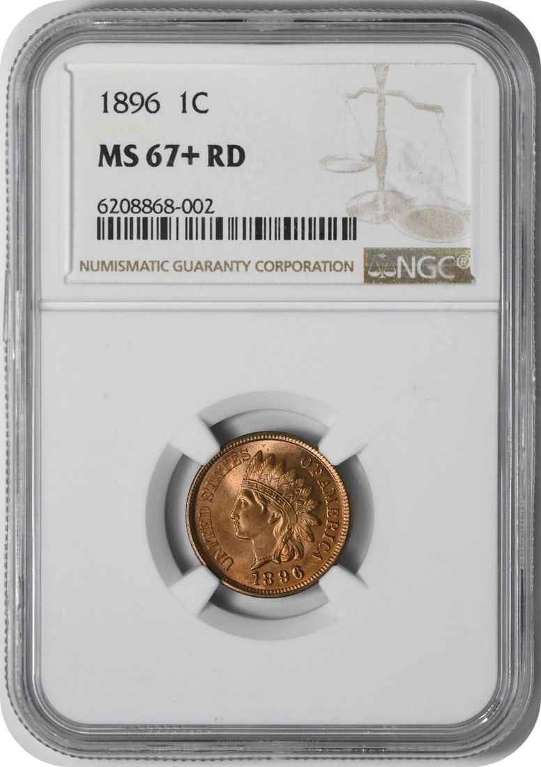 MS67+ RD 1896 Indian Cent: MS67+ RD 1896 Indian Cent Experience the majesty of American numismatics with this stunning MS67+ RD 1896 Indian Cent, boasting a pristine grade and striking copper composition. As one of the most ico