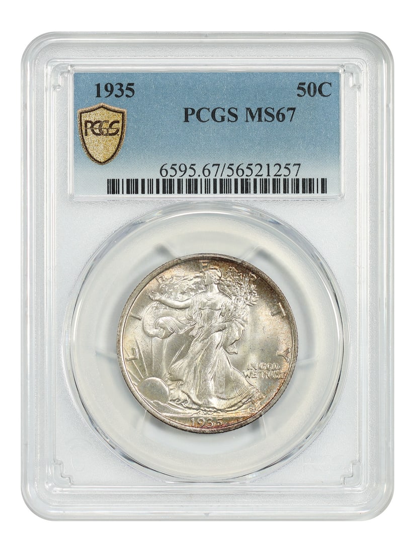 Walking Liberty Half Dollar (1935) MS67 PCGS: Walking Liberty Half Dollar (1935) MS67 PCGS Experience the iconic Walking Liberty Half Dollar, minted in 1935 and graded MS67 by PCGS. This stunning coin boasts exceptional detail and luster, with