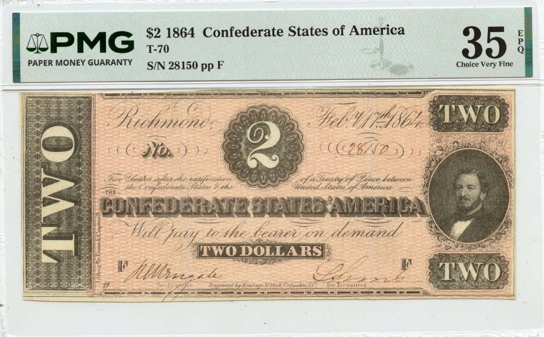 EPQ 1864 $2 Confederate States of America T-70 CSA PMG VF35: EPQ 1864 $2 Confederate States of America T-70 CSA PMG VF35 A rare and highly sought-after Confederate States of America $2 bill, graded VF35 by PMG, is up for auction. This circulated example showcas