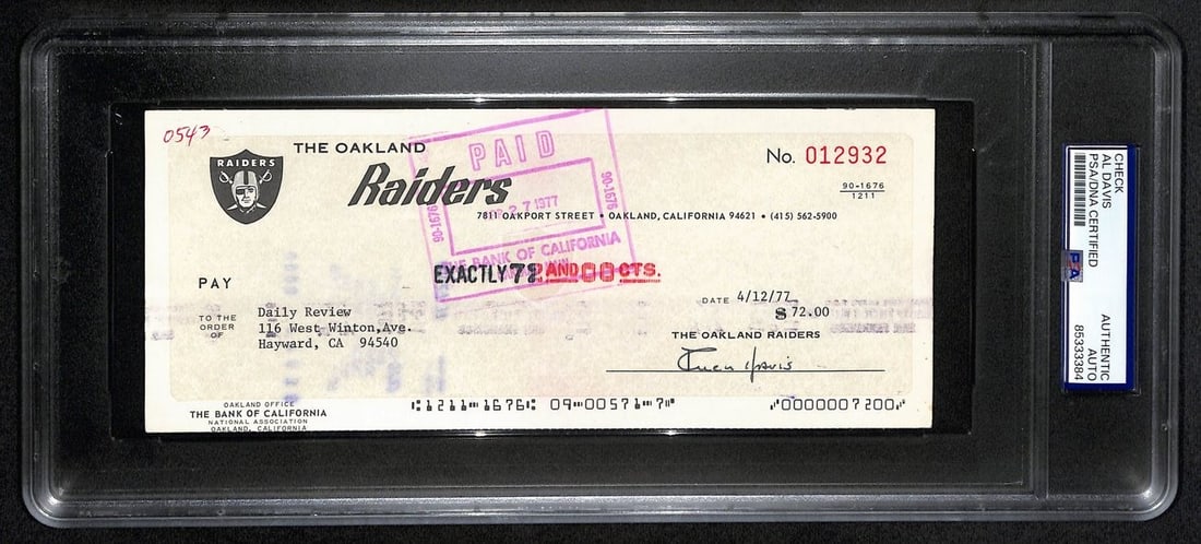 Al Davis HOF Signed 8.5x3.5 Bank Check (PSA/ DNA 193220): Al Davis HOF Signed 8.5x3.5 Bank Check (PSA/ DNA 193220) Get ready to own a piece of NFL history with this authentic Al Davis signed bank check, certified by the PSA and DNA Authentication services. A