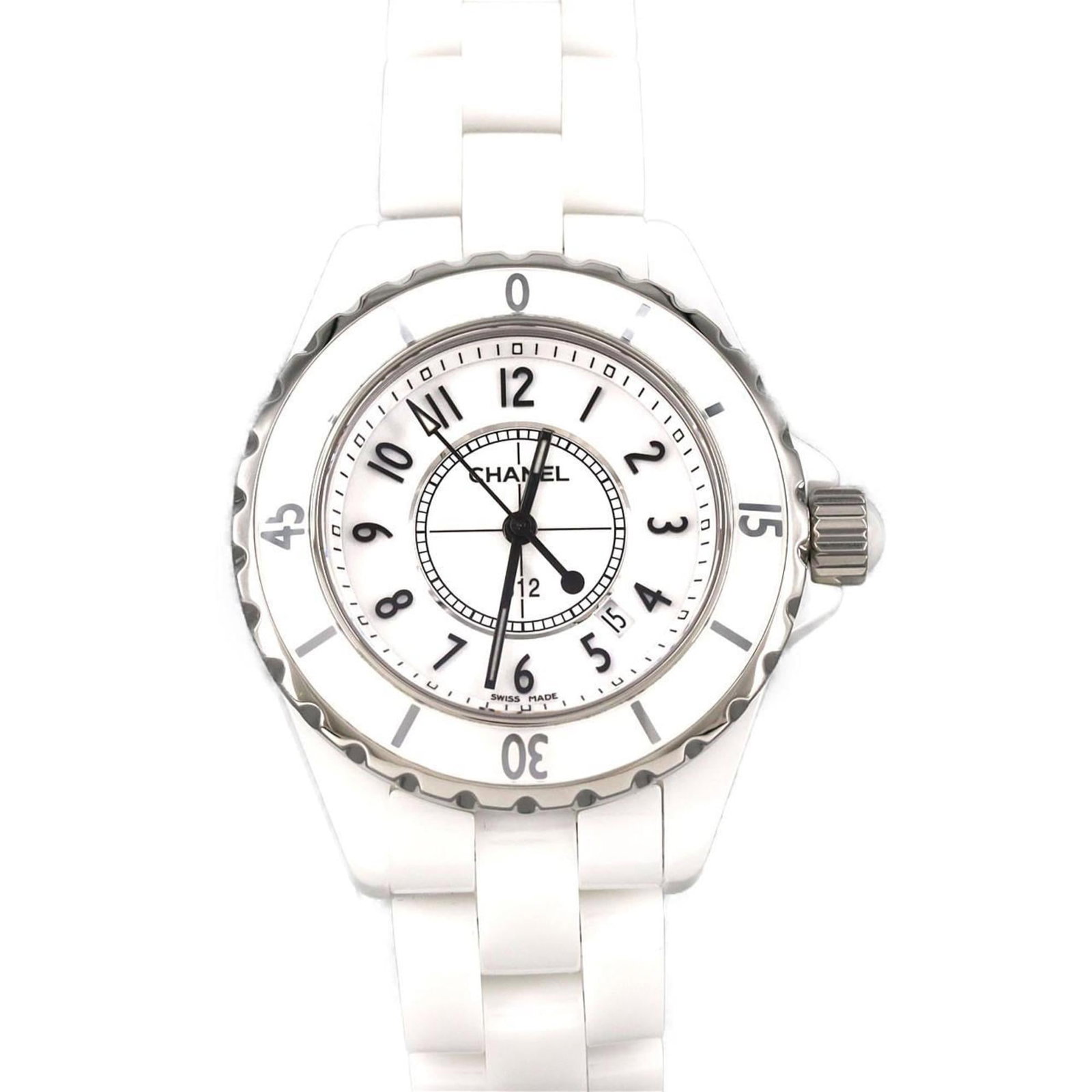 Wristwatch Chanel: Wristwatch Chanel A stunning Chanel wristwatch, boasting a sleek ceramic case and band in crisp white, adds an air of sophistication to any outfit. With its 33mm diameter and comfortable 18cm wrist si