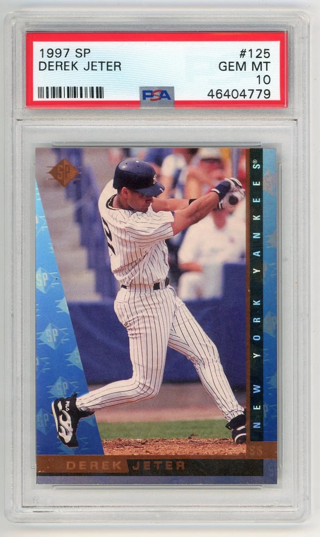 10 Derek Jeter 1997 SP #125 PSA MT: 10 Derek Jeter 1997 SP #125 PSA MT Get ready to own a piece of baseball history with this 1997 Topps Premier (SP) card featuring the iconic Derek Jeter in his prime. Graded Mint (MT) by PSA/DNA, this