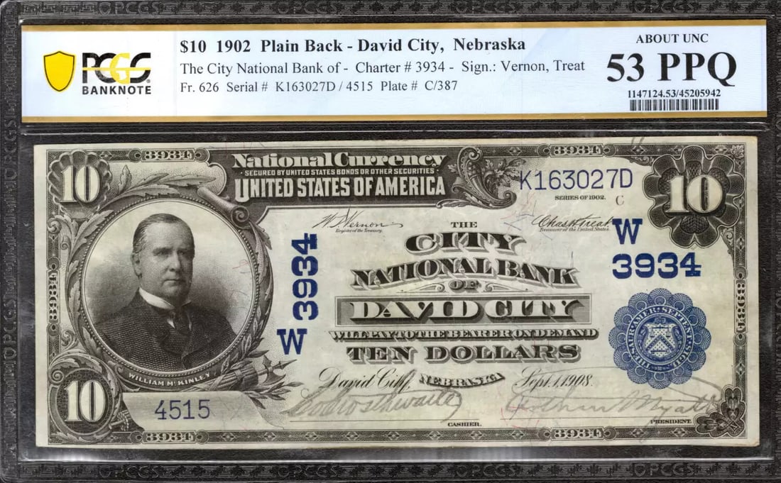 1902 $10 CITY NATIONAL BANKNOTE CURRENCY DAVID NEBRASKA PCGS 53 AU (027D): 1902 $10 CITY NATIONAL BANKNOTE CURRENCY DAVID NEBRASKA PCGS 53 AU (027D) A rare and highly sought-after 1902 $10 City National Banknote, graded by PCGS as AU (53 PPQ), boasts a unique serial number K